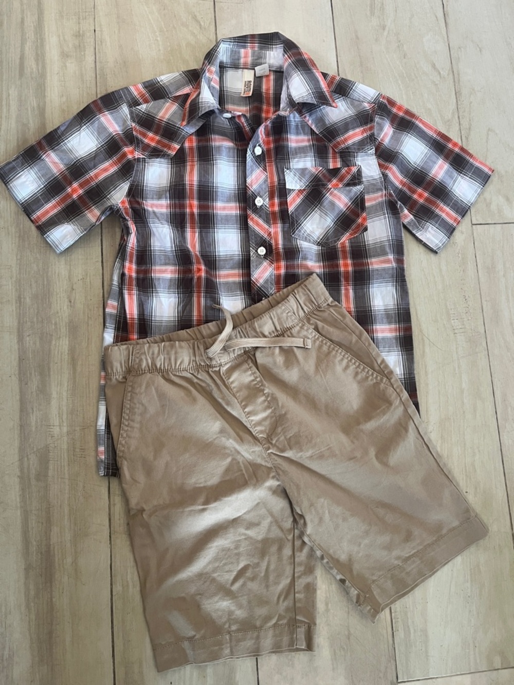 Boys Plaid Short Sleeve Shirt & Tan Shorts Set - Orange, Brown, White (10/12)